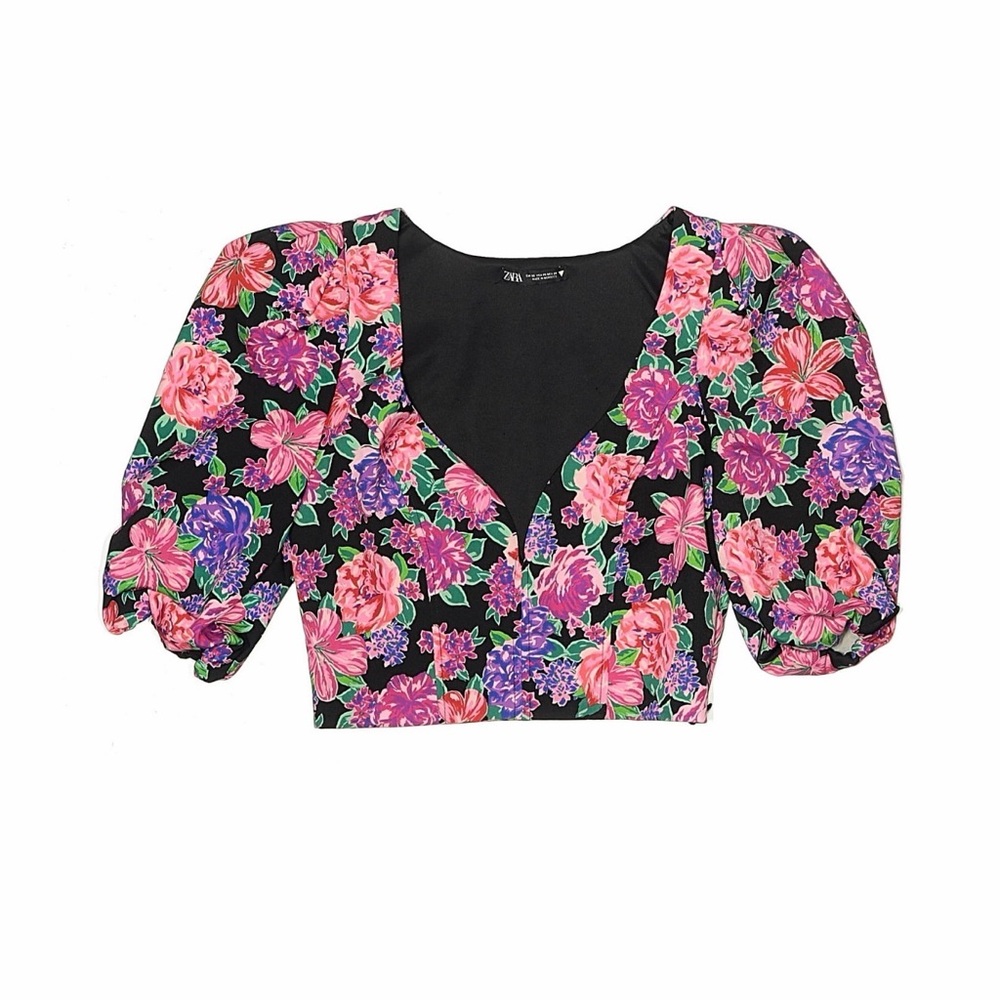 Zara Black Floral Puff Sleeve Blouse
